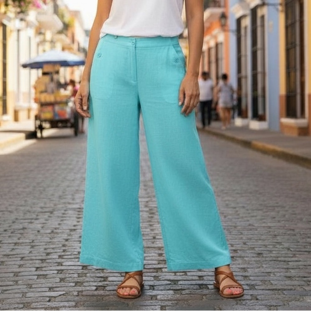 Chico’s Turquoise 100% Linen Wide Leg Flat Front Four Pocket Pants Size Large